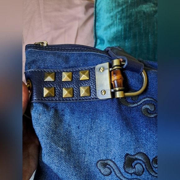 Rare Vintage Sharif Large Embroidered Denim Leather Jaguar Studded Shoulder Bag - Picture 3 of 14